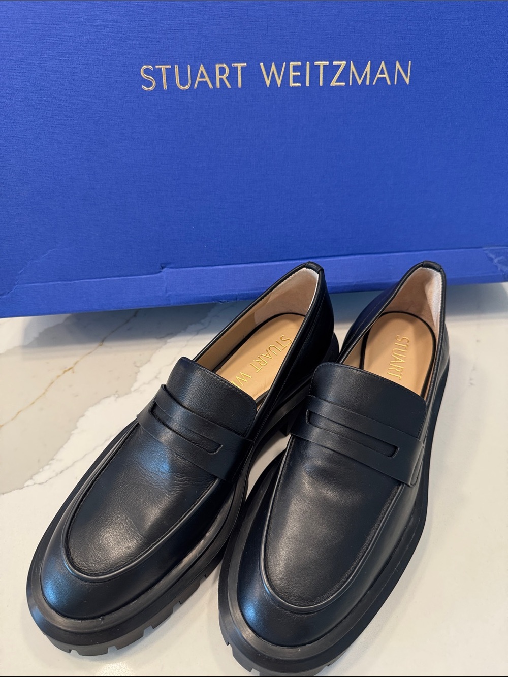 Stuart Weitzman Black Leather Penny Loafers with Lug Sole 5